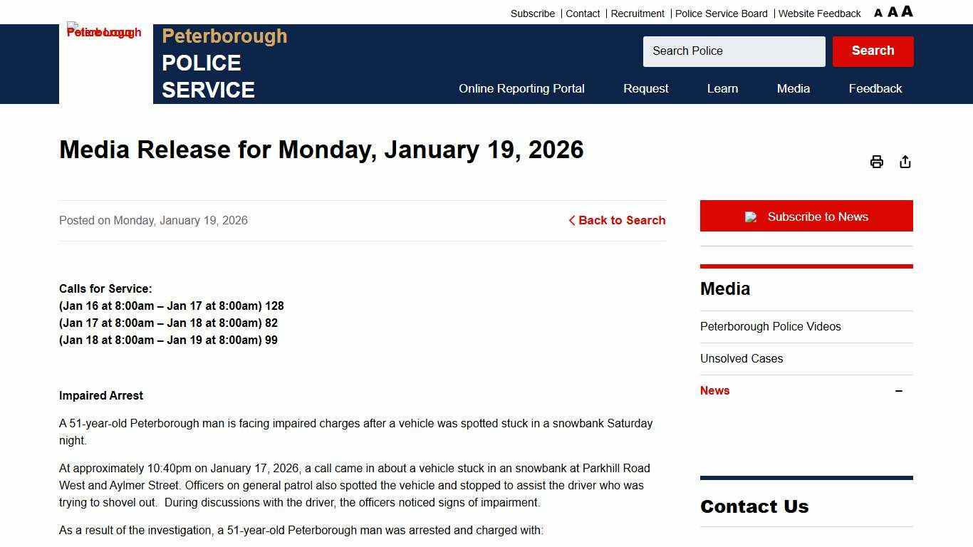 Media Release for Monday, January 19, 2026 - Peterborough Police