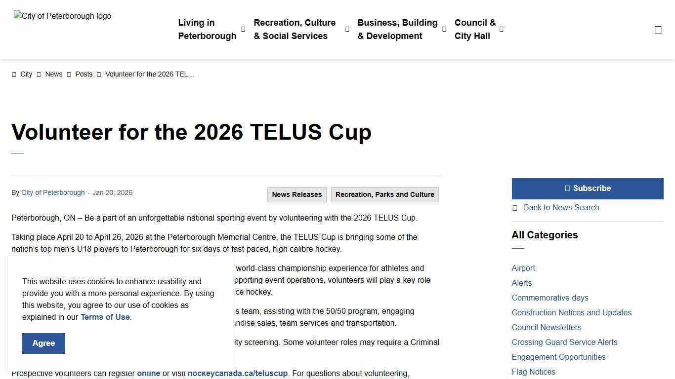 Volunteer for the 2026 TELUS Cup | City of Peterborough
